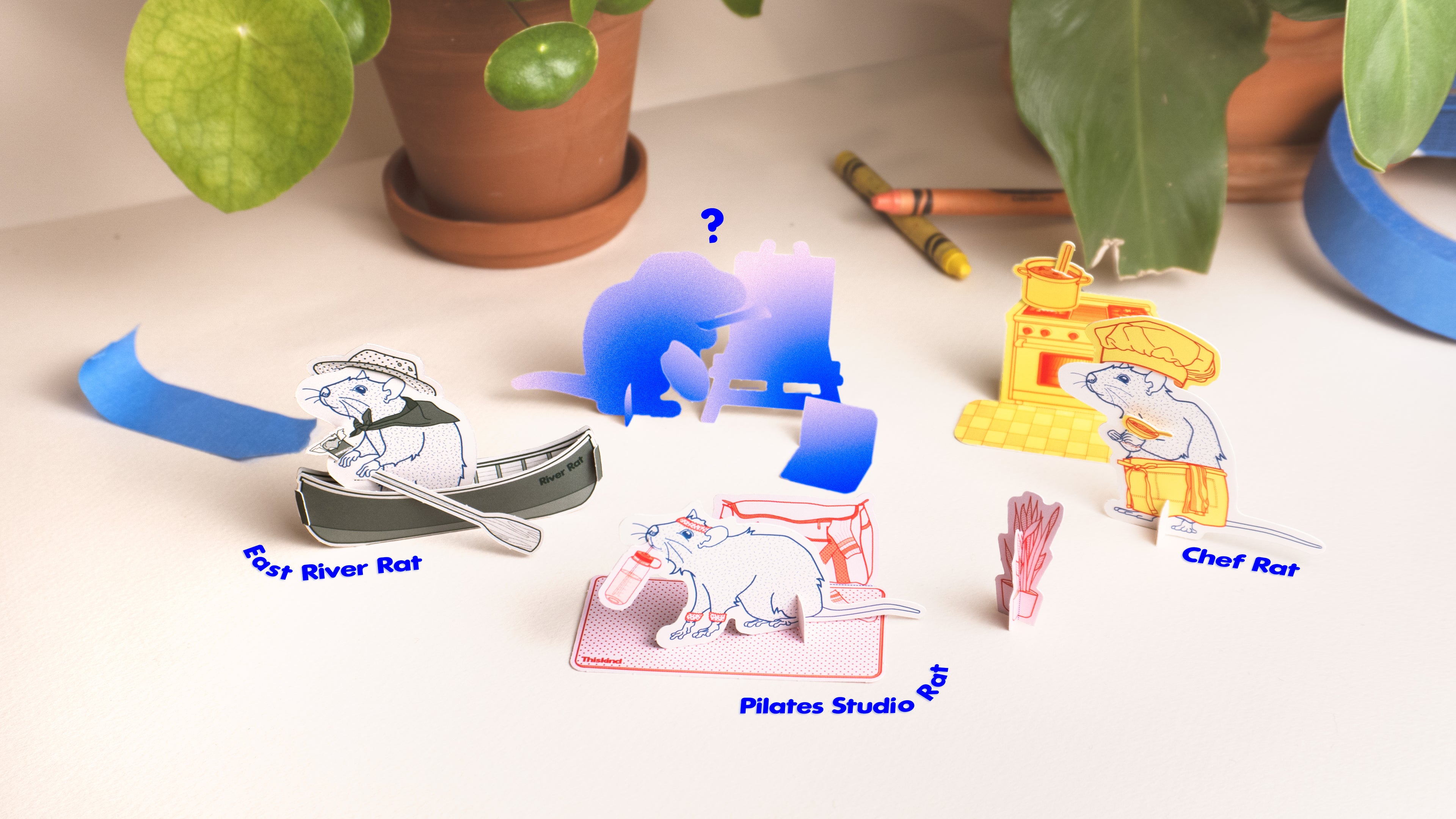 Thiskind collectible mystery rats. Blind bag contains one of four paper craft models shown - River rat, chef rat, pilates rat and ??? Fun toys for adults or kids.