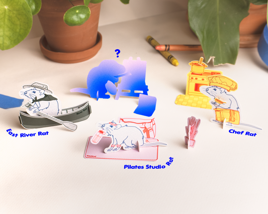 Four collectible mystery rats paper model kits. Series includes East River Rat, Pilates Studio Rat, Chef Rat, and an extra rare secret pull.